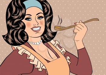 pop art retro woman with apron tasting her food. vector illustration