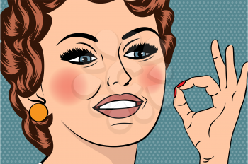 pop art cute retro woman in comics style with OK sign, vector illustration