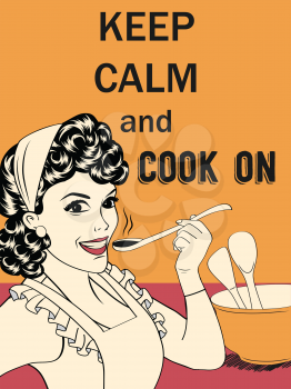 Retro funny illustration with massageKeep calm and cook on, vector format