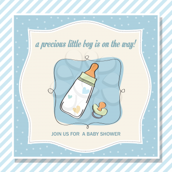 baby boy shower card with milk bottle and pacifier, vector eps10