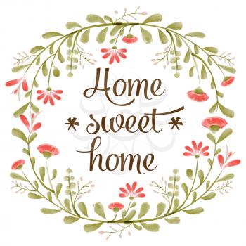 Home sweet home background with delicate watercolor flowers, vector format