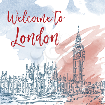 Hand drawn ink line sketch of London. Vector watercolor background