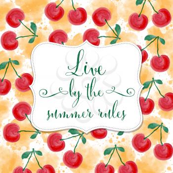 Fresh watercolor summer background  with cherries, vector format
