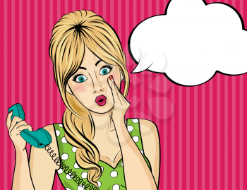 Surprised  pop art woman with retro phone, who tells her secrets. Pin-up girl. Vector illustration.