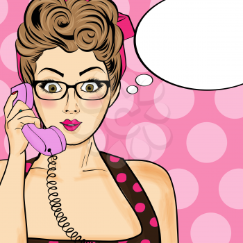 Pop art  woman chatting on retro phone  . Comic woman with speech bubble. Vector illustration.