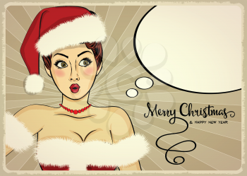 Customizable beautiful retro Christmas card with sexy pin up Santa girl. Format 7 inch/5 inch. Vector illustration