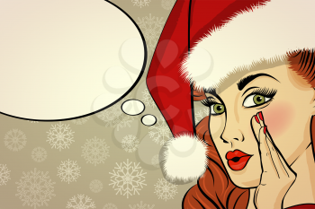 Customizable beautiful retro Christmas card with sexy pin up Santa girl. Vector illustration