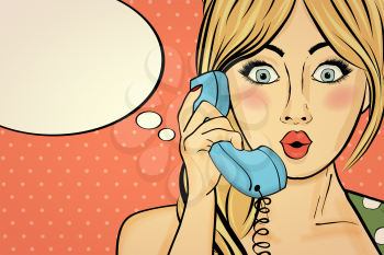 Surprised pop art woman chatting on retro phone . Comic woman with speech bubble. Pin up girl. Vector illustration.