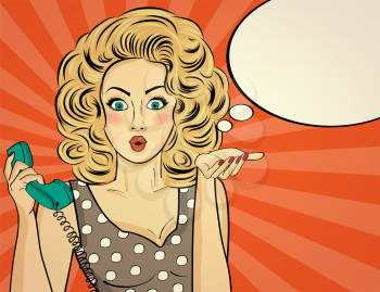 Surprised pop art woman chatting on retro phone . Comic woman with speech bubble. Pin up girl. Vector illustration.