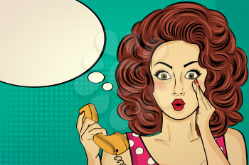 Surprised pop art woman with retro phone, who tells her secrets. Pin-up girl. Vector illustration.