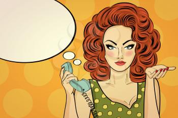 Sexy pop art woman  talking on a retro phone. Pin up girl. Vector illustration