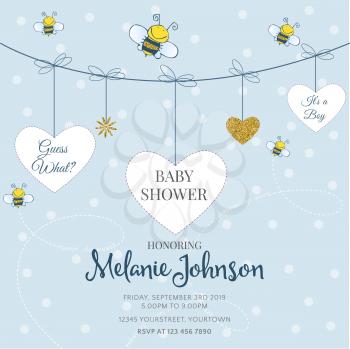 Lovely baby shower card template with golden glittering details, vector format