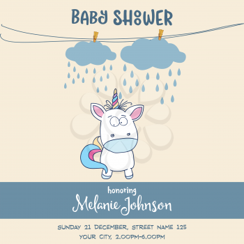 Beautiful baby shower card template with lovely baby unicorn, vector format