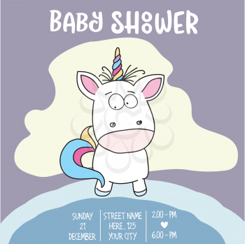 Beautiful baby shower card template with lovely baby unicorn, vector format