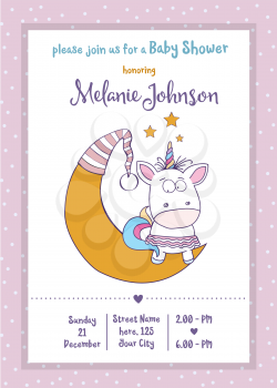 Beautiful baby shower card template with lovely baby girl unicorn, vector format