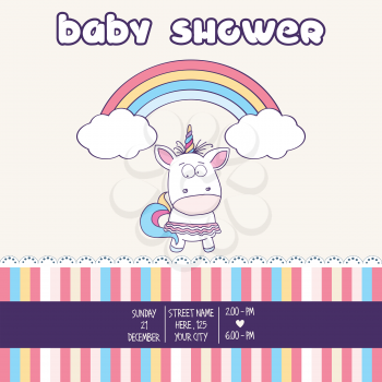 Beautiful baby shower card template with lovely baby girl unicorn, vector format