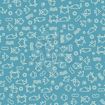 Doodle style seamless pattern with fish and other nature elements. Vector