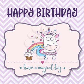 happy birthday card  with lovely baby girl unicorn, vector format