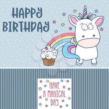 happy birthday card  with lovely baby unicorn, vector format