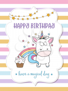 happy birthday card  with lovely baby unicorn, vector format