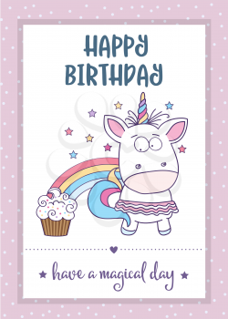 happy birthday card  with lovely baby girl unicorn, vector format