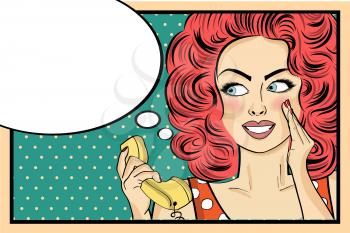 Surprised pop art woman with retro phone, who tells her secrets. Pin-up girl. Vector illustration.