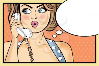 Surprised pop art woman chatting on retro phone . Comic woman with speech bubble. Pin up girl. Vector illustration.