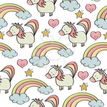 Doodle seamless pattern with unicorns and other fantasy magical elements. Vector