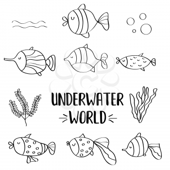 doodle fishes set for colorig, vector eps 10