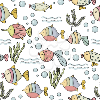 doodle seamless pattern with fishes, vector eps 10