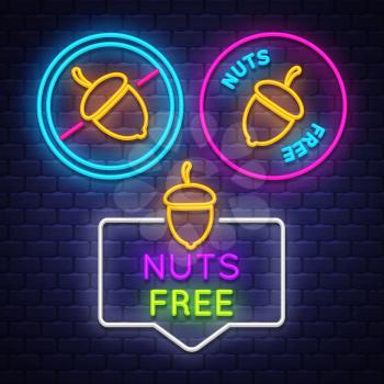 Nuts  Free badge collection . Allergy sign. Neon sign. Vector
