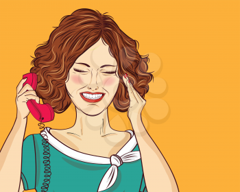 Amused pop art woman chatting on retro phone. Comic woman . Pin up girl. Vector illustration