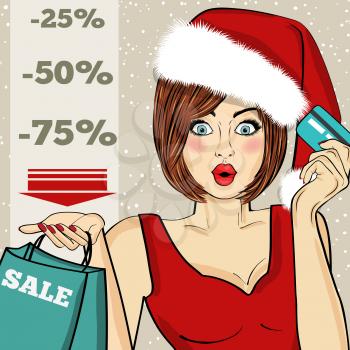 Promotional Christmas sale poster with pop art Santa girl