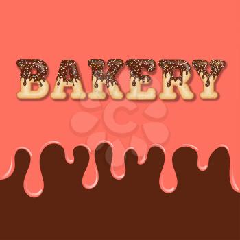 Tempting  typography. Icing text. Word  bakery glazed with chocolate and candy. Donut letters. Vector