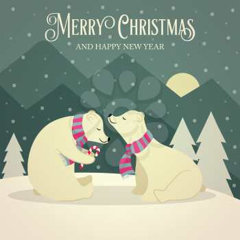 Beautiful flat design retro Christmas card with polar bears couple. Flat design. Vector