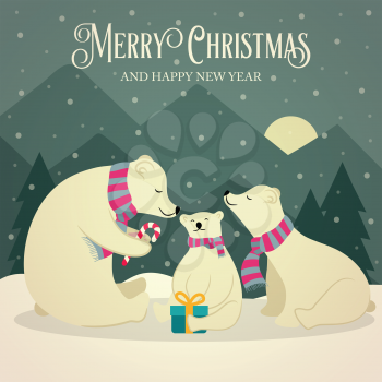 Beautiful flat design retro Christmas card with polar bears family. Flat design. Vector