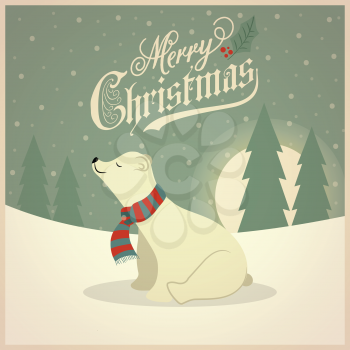 Beautiful retro Christmas card with polar bear. Flat design. Vector