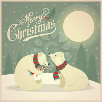 Beautiful flat design retro Christmas card with polar bears couple. Flat design. Vector