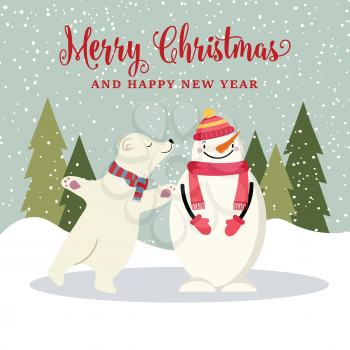 Beautiful flat design Christmas card with snowman and polar bear skating on ice . Christmas poster. Vector