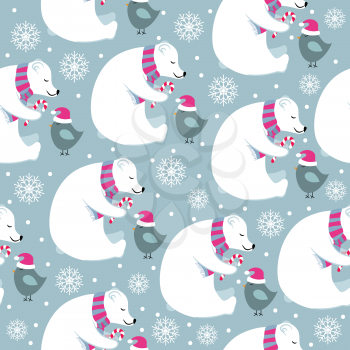 Christmas seamless pattern with polar bears and little birds. Suitable for Christmas posters, wrapping and print. Vector