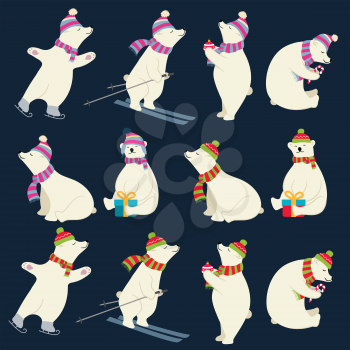 Dressed polar bears collection for Christmas designs. Isolated items. Flat design. Vector