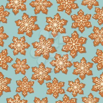 Festive Christmas seamless pattern with gingerbread stars on turquoise background. Vector