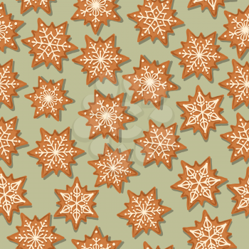 Festive Christmas seamless pattern with gingerbread stars on green background. Vector