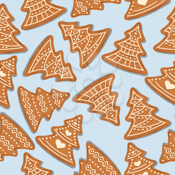 Festive Christmas seamless pattern with gingerbread Christmas trees on blue background. Vector