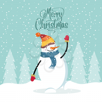 Flat design Christmas card with happy snowman. Christmas poster. Vector