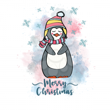 Doodle Christmas card with dressed penguin, eps10