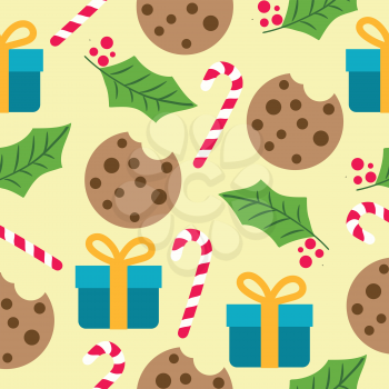 Christmas seamless pattern with presents, candy cans and mistletoe  for Christmas background,  wrapping paper, print. Vector