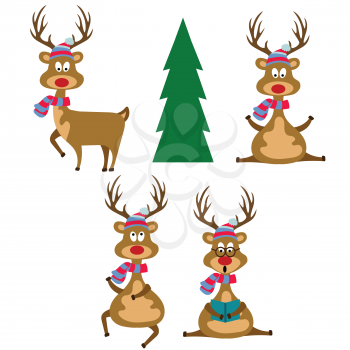 Funny flat design reindeers dressed for Christmas. Christmas bundle. Isolated on white background. Vector