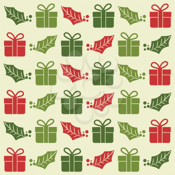 Christmas seamless pattern with  gift boxes and mistletoe. Christmas background. Christmas wrapping. Flat design