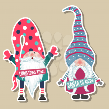 Christmas stickers collection with cute gnomes. Flat design
